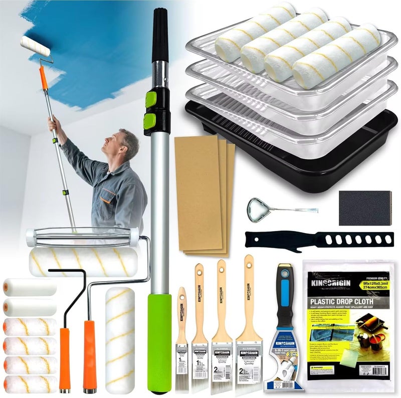 KingOrigin King Origin 31 Pcs Paint Roller Kit, 9" & 4" Paint Roller Extension Pole, Paint Brushes, Paint Tray & Liners | Paint Kit for House Painting Walls | Painting Supplies - Image 1